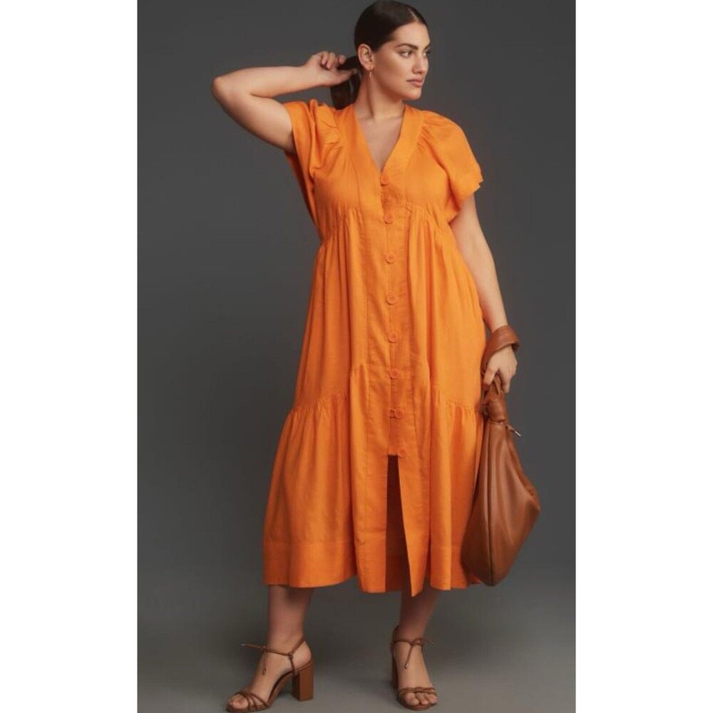 Anthropologie Midi Dress Orange Reneé Flutter Sleeve Linen Preppy Boho Large NWT